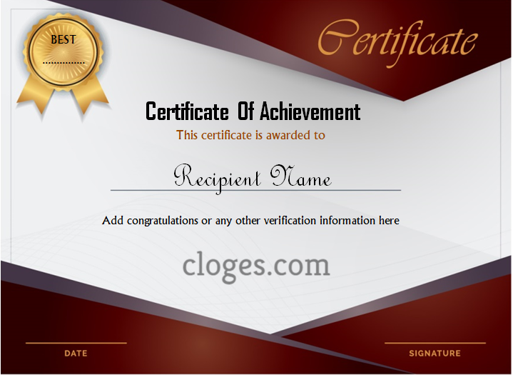 Red Word Certificate Of Achievement Template