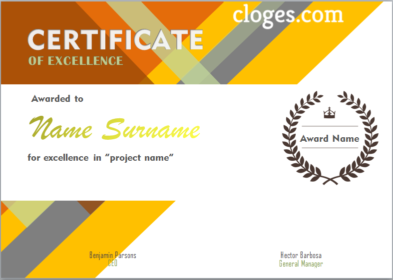 Bright Orange Word Certificate Of Excellence Template
