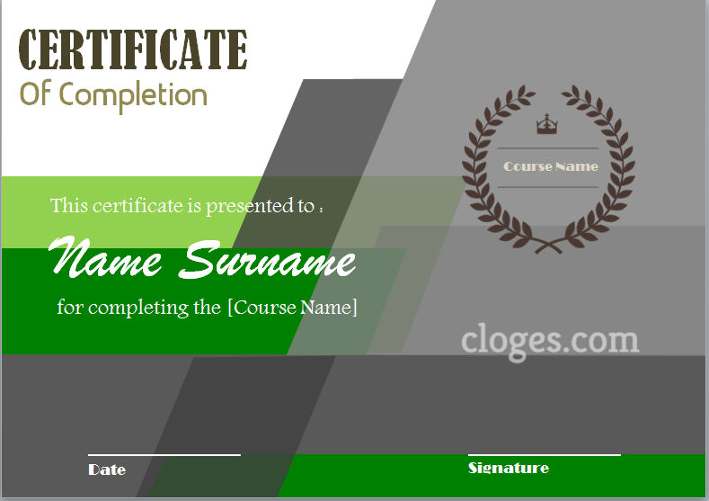 Green Word Certificate Of Completion Template