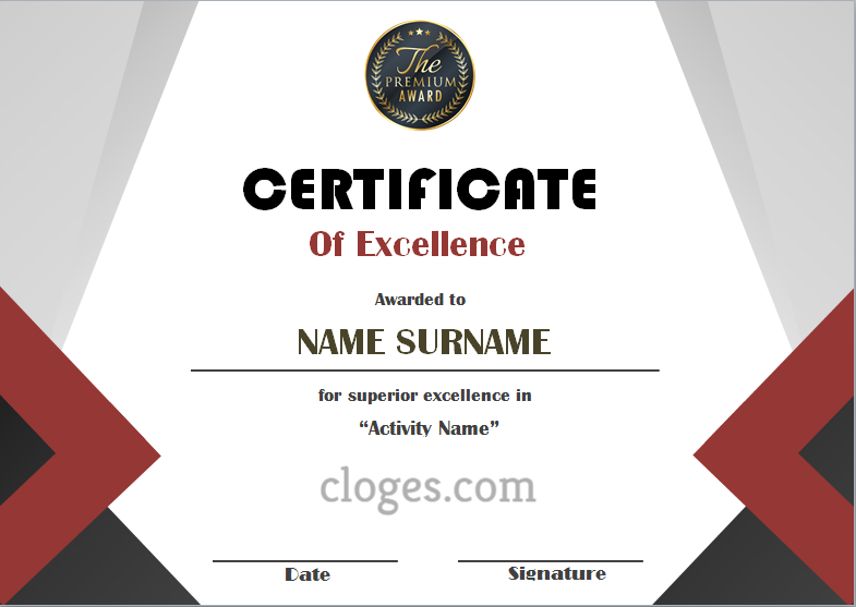 Red Word Certificate Of Excellence Template