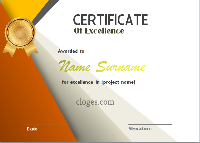 Orange Word Certificate Of Excellence Template