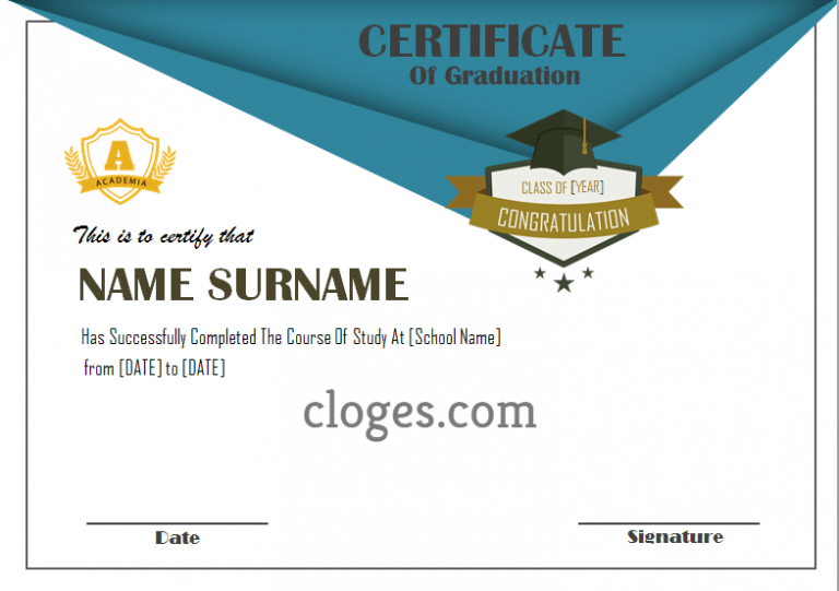 Blue Word Certificate Of Graduation Template