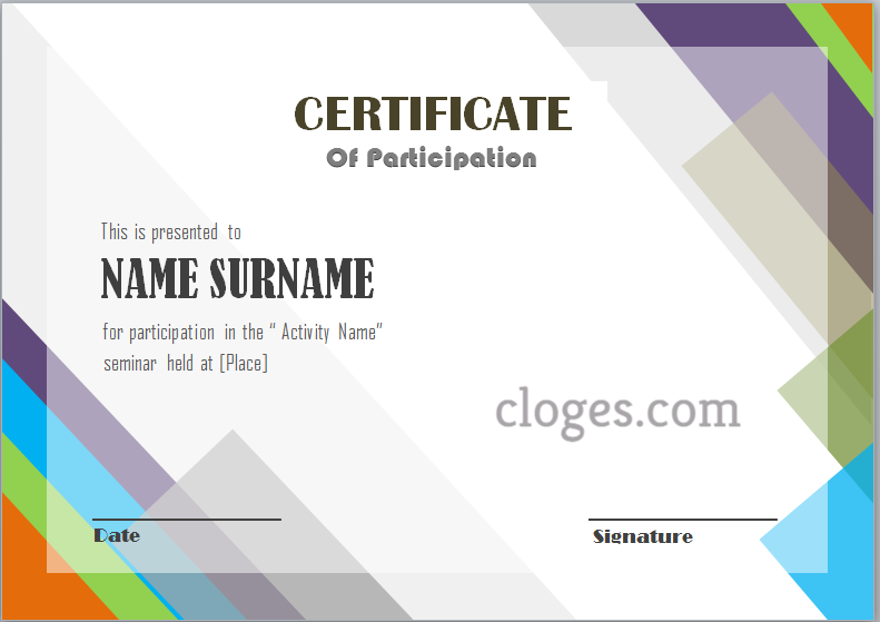 Rainbow Word Certificate Of Participation Template
