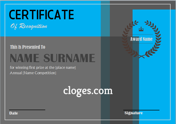Blue Word Certificate Of Recognition Template