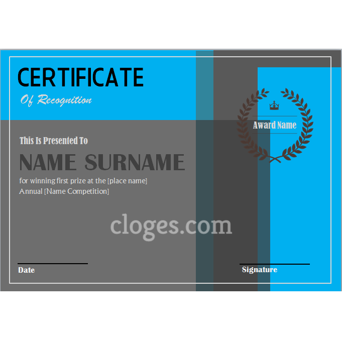 Blue Word Certificate Of Recognition Template