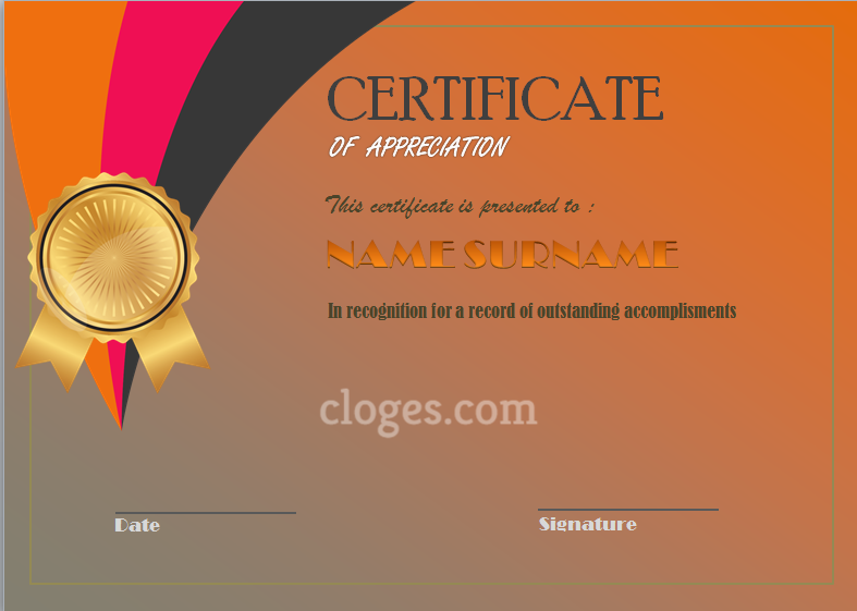 Orange Word Certificate Of Appreciation Template