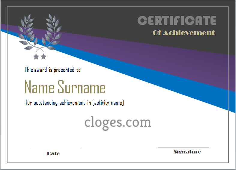 Purple & Blue Word Certificate Of Achievement Template
