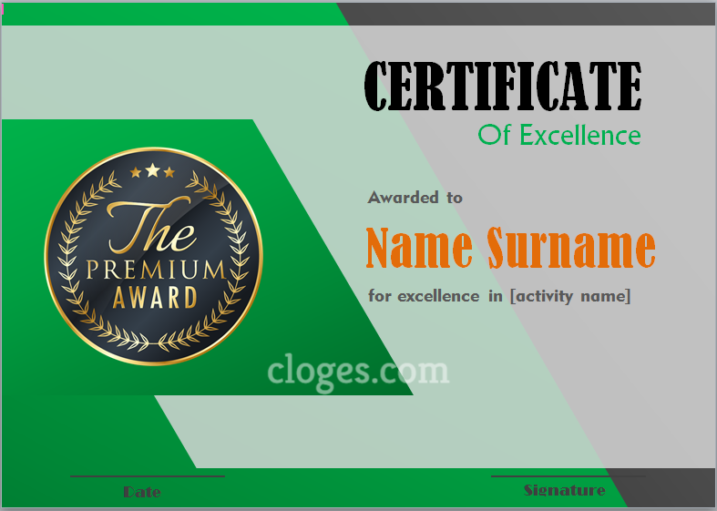 Green Word Certificate Of Excellence Template