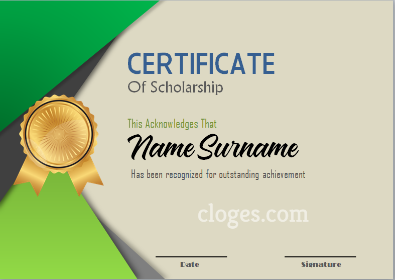 Green Word Certificate Of Scholarship Template