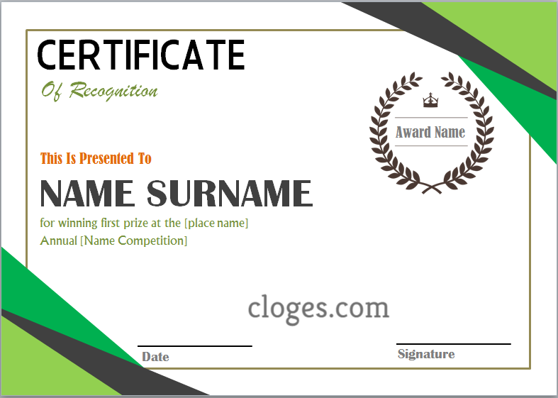 Green Word Certificate Of Recognition Template