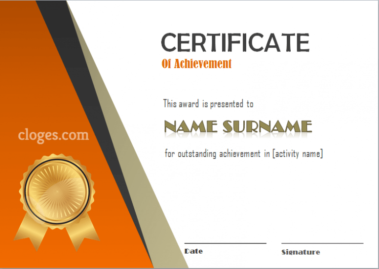 Orange Certificate Of Achievement Template Word