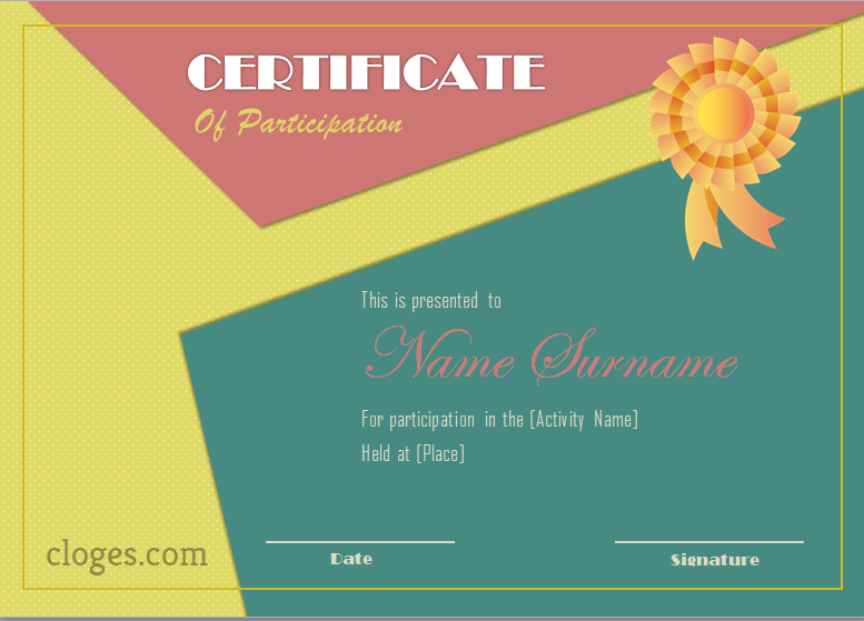 Pink Certificate Of Participation Word Template Editable