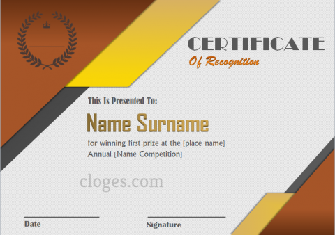 Bronze Editable Certificate Of Recognition Word Template