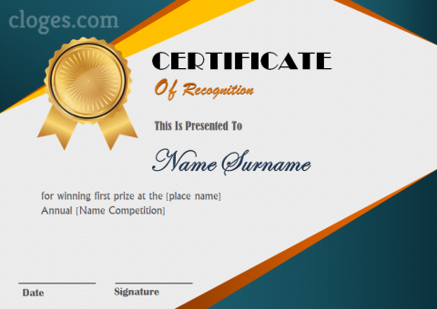 Blue Editable Certificate Of Recognition Word Template
