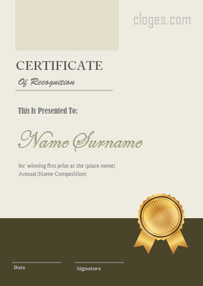 Cream Design Certificate Of Recognition Word Template