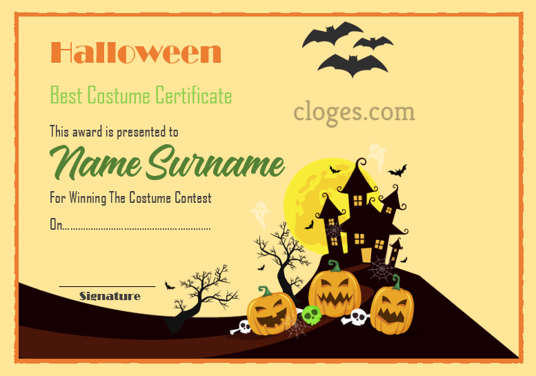 Editable Orange Hallowen Best Costume Certificate Word Template