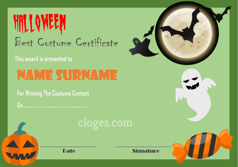 Editable Green Hallowen Best Costume Certificate Word Template