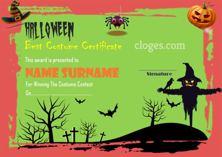 Editable Green & Pink Hallowen Best Costume Certificate Word Template